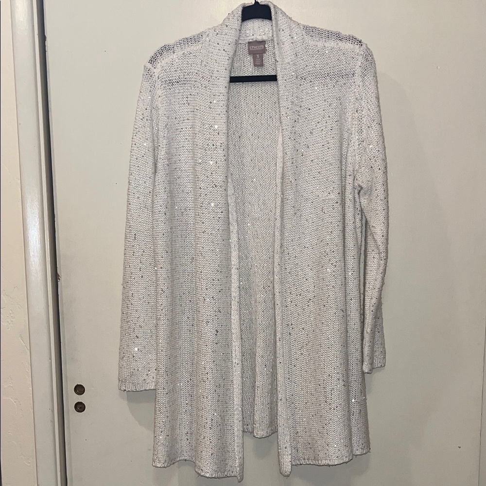Chico's Sparkling White Open-Front Long Cardigan Duster size Large 12/14